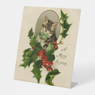 Victoriaans Kerstkitten in hulst antieke tabby Reclamebord Met Voetstuk