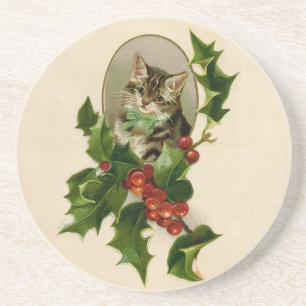 Victoriaans Kerstkitten in hulst antieke tabby Zandsteen Onderzetter