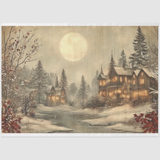 Victoriaans Kerstlandschap Decoupage Print Tissuepapier (Voorkant)
