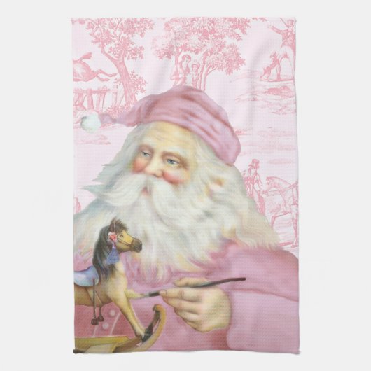 Victoriaans kerstman in roze toile de juoy theedoek (Verticaal)