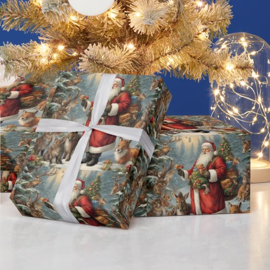 Victoriaans kerstman met Cadeau en bosdieren Cadeaupapier (Feestdagen)