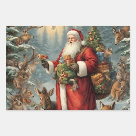 Victoriaans kerstman met Cadeau en bosdieren Inpakpapier Vel (Voorkant)