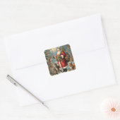 Victoriaans kerstman met Cadeau en bosdieren Vierkante Sticker (Envelop)