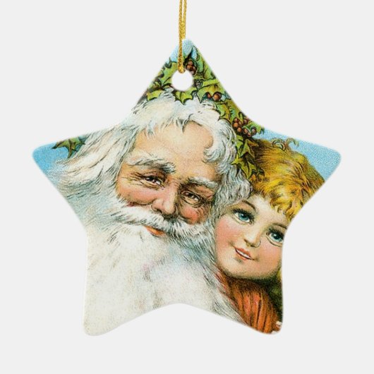 Victoriaans kerstman met meisje keramisch ornament (Voorkant)