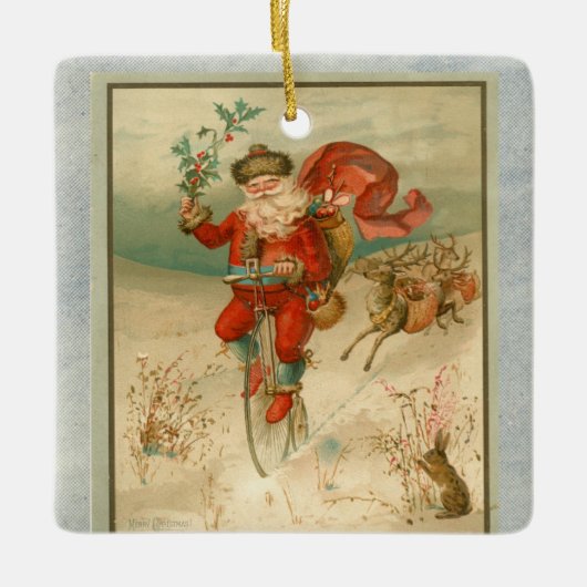 Victoriaans kerstman op fiets met hoog wiel keramisch ornament (Voorkant)