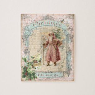 Victoriaans kerstman roze boomvogels kerstmis legpuzzel