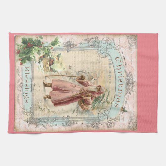 Victoriaans kerstman roze boomvogels kerstmis theedoek (Horizontaal)