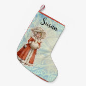 Victoriaans kerstmeisje in Fur Red Coat Kleine Kerstsok (Voorkant (Hangend))