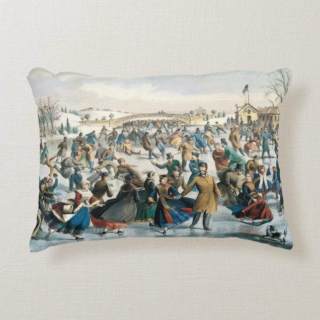 Victoriaans Kerstmis Central Park Currier & Ives Accent Kussen (Voorkant)