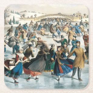 Victoriaans Kerstmis Central Park Currier & Ives Kartonnen Onderzetters