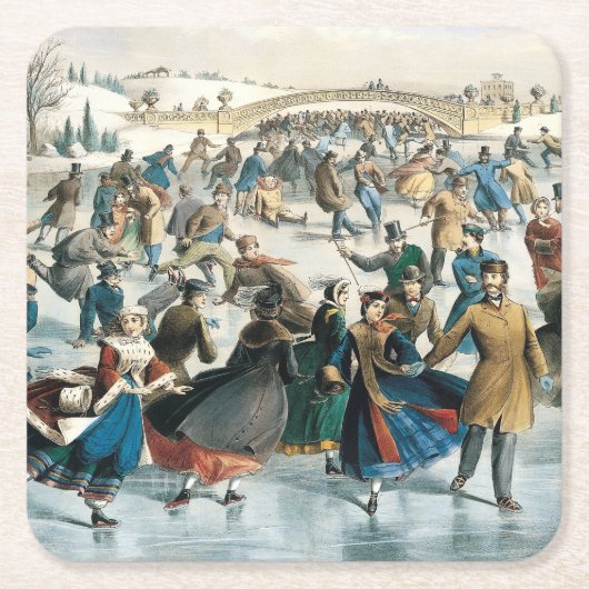 Victoriaans Kerstmis Central Park Currier & Ives Kartonnen Onderzetters (Voorkant)