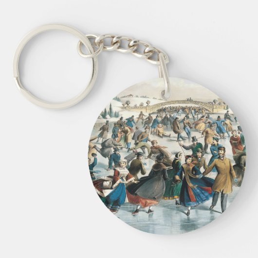 Victoriaans Kerstmis Central Park Currier & Ives Sleutelhanger (Voorkant)