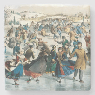 Victoriaans Kerstmis Central Park Currier & Ives Stenen Onderzetter