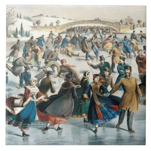 Victoriaans Kerstmis Central Park Currier & Ives Tegeltje (Voorkant)