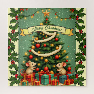 Victoriaans Kerstmis Gelukkige Muizen Rood Groen H Legpuzzel