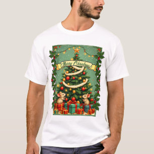 Victoriaans Kerstmis Gelukkige Muizen Rood Groen H T-shirt