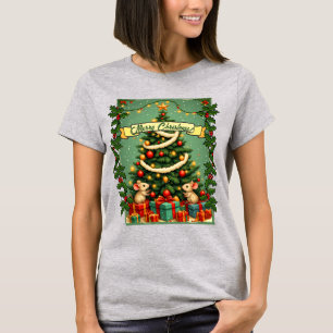 Victoriaans Kerstmis Gelukkige Muizen Rood Groen H T-shirt