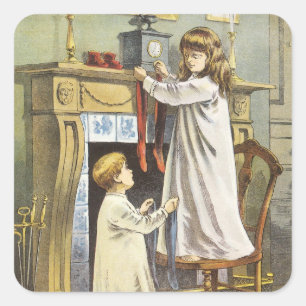 Victoriaans Kerstmis, Kinderen Kerstsokken Vierkante Sticker