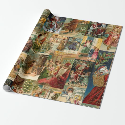 Victoriaans kerstmis met kinderen collage cadeaupapier (Uitgerold)