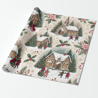 Victoriaans Kerstmisdorp Sneeuwige Cottages Rozen Cadeaupapier