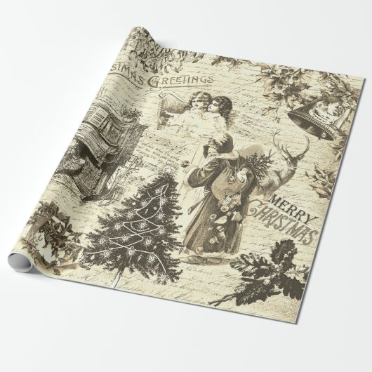  Victoriaans Kerstmuziek Santa Beige Cadeaupapier (Uitgerold)