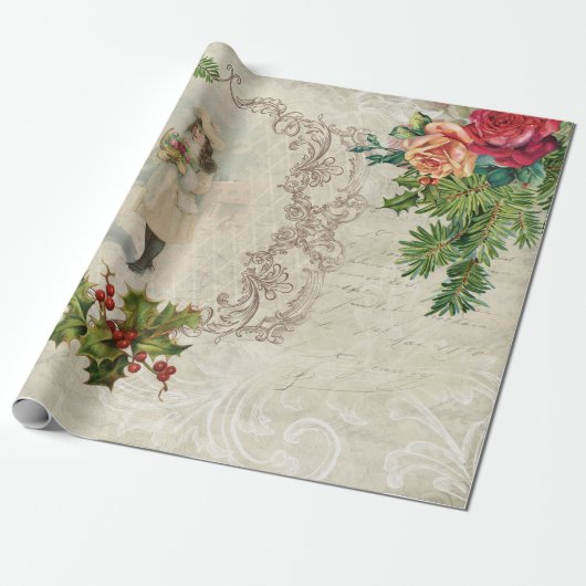 Victoriaans kerstRoos, pine en Holly Collage Cadeaupapier (Uitgerold)