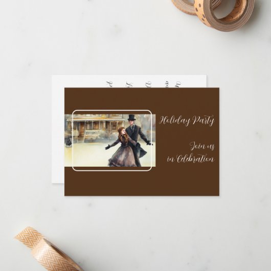 Victoriaans kerstscène feestuitnodiging notitiekaartje (Voorkant / Achterkant in situ)