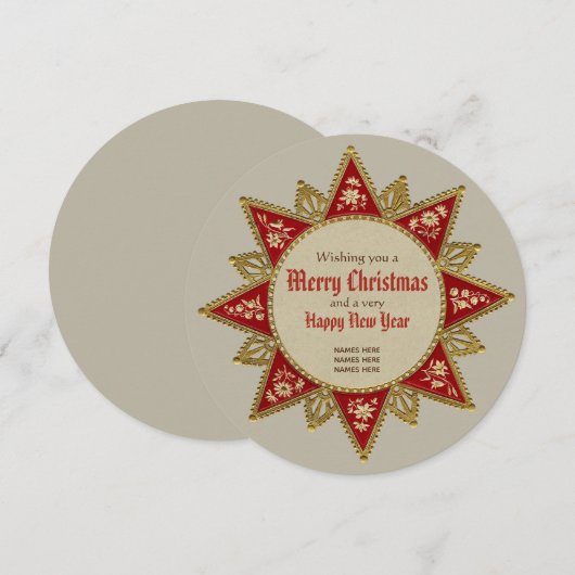 Victoriaans kerstster Gold red ornamed Round Feestdagenkaart (Voorkant / Achterkant)