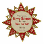 Victoriaans kerststerversiering Goud rood Fotobeeldje Ornament<br><div class="desc">Ster-vormige kerstversiering geïnspireerd door een Victoriaans kerstster met 16 punten en prachtige siervoorwerpen in rood beige en goud. De groetwoorden staan midden in de ster: 1) Ik wens u een vrolijk kerstfeest (3) en een heel gelukkig nieuwjaar (4). Er zijn ook drie regels waar u bijvoorbeeld uw eigen naam of...</div>