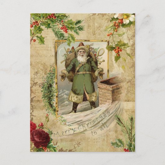 Victoriaans kerstvader Floral Ephemera Feestdagenkaart (Voorkant)