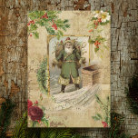 Victoriaans kerstvader Floral Ephemera Feestdagenkaart<br><div class="desc">Rijke elegante kerstsamenstelling met de oude wereldkerst met een groene robed,  met een  heilige omlijsting,  rozen,  rozen van honden en pijnbomen met  goudbloeien op een noodlijdende sepiaachtergrond.</div>