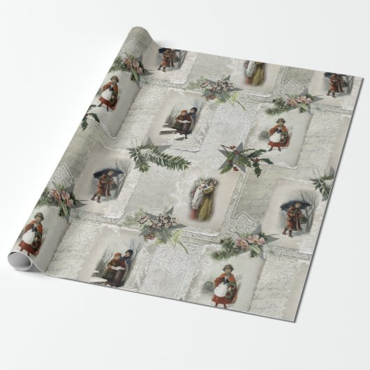 Victoriaans kerstvignetten met wintergroen cadeaupapier (Uitgerold)