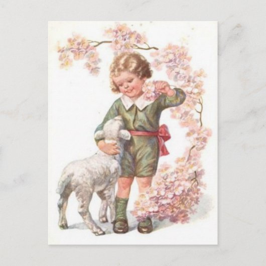 Victoriaans Kind Lamb Kersenboom Briefkaart (Voorkant)