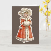 Victoriaans kind papier pop winter rood bruin vint kaart (Gele Bloem)