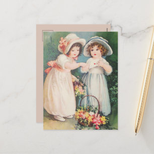 Victoriaans kinderen die een Valentijn en bloemen  Feestdagenkaart