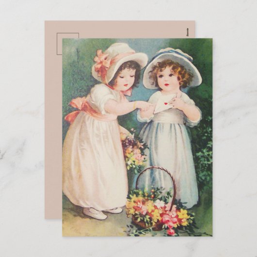 Victoriaans kinderen die een Valentijn en bloemen Feestdagenkaart (Voorkant / Achterkant)