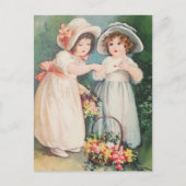 Victoriaans kinderen die een Valentijn en bloemen Feestdagenkaart (Voorkant)