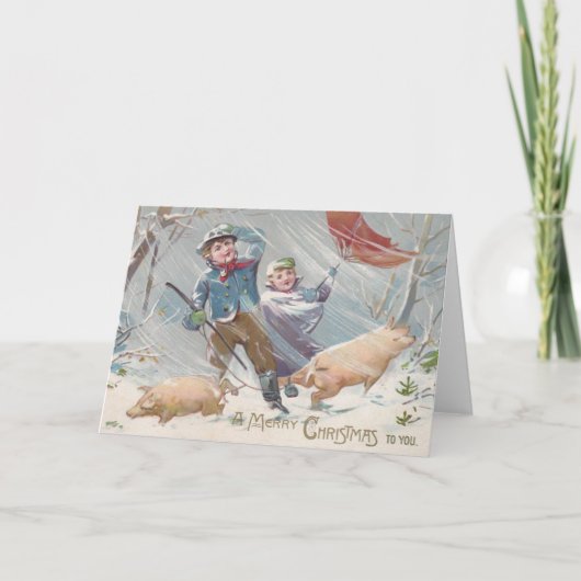 Victoriaans kinderen en varkens Kerst Kaart (Voorkant)