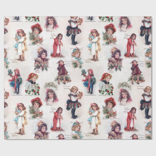 Victoriaans kinderen met kerstcadeautjes cadeaupapier (Vlak)