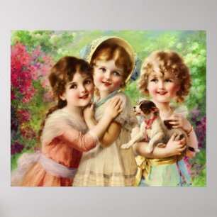 Victoriaans kinderen met puppy, Emile Vernon Poster