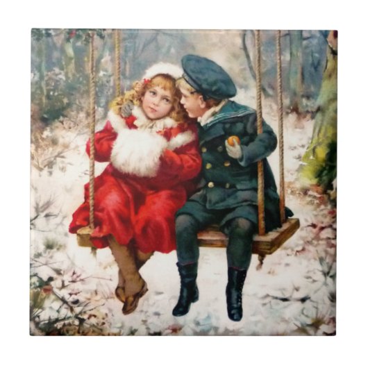  Victoriaans kinderen op zigende keramische tegel Tegeltje (Voorkant)