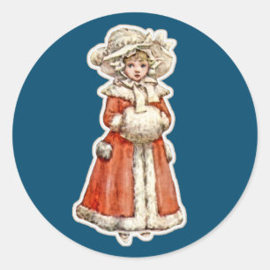 Victoriaans kinderpapierpop winterjestuif ronde sticker