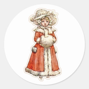 Victoriaans kinderpapierpop winterjestuif ronde sticker