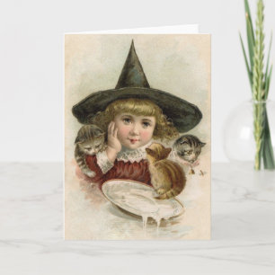 Victoriaans kleine heks en Kittens Halloween Kaart