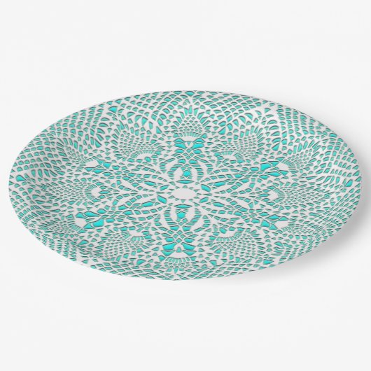 Victoriaans Lace Doily Turquoise Achtergrond Papieren Bordje (Gekanteld)