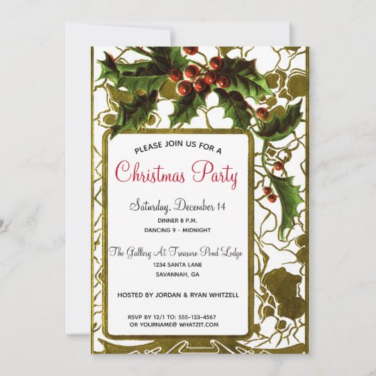 Victoriaans Lacy Gold Lijst & Holly Kerstfeest Kaart (Voorkant)