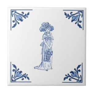 Victoriaans Lady Delft Hoek Blauw en Wit Tegeltje
