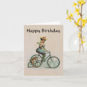  Victoriaans Lady Dog Bicycle Birthday Kaart (Gele Bloem)