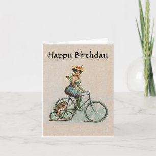 Victoriaans Lady Dog Bicycle Birthday Kaart