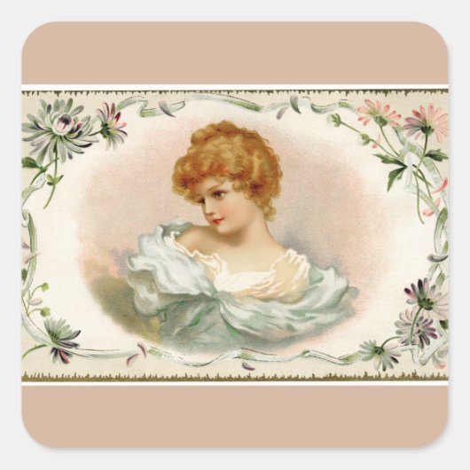  Victoriaans Lady Floral Beige Square Sticker (Voorkant)